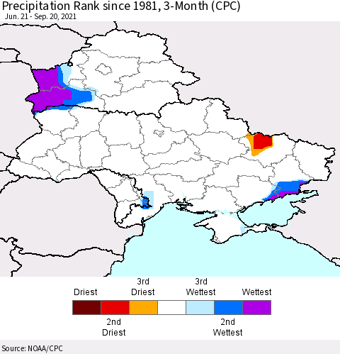 Ukraine, Moldova and Belarus Precipitation Rank since 1981, 3-Month (CPC) Thematic Map For 6/21/2021 - 9/20/2021