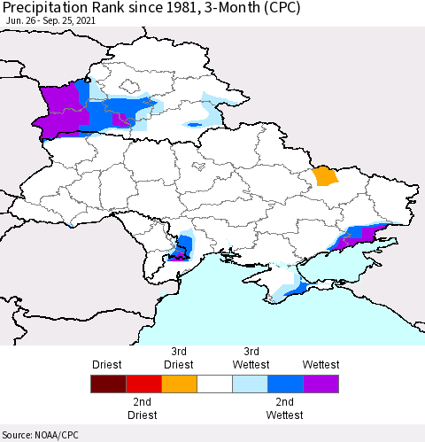 Ukraine, Moldova and Belarus Precipitation Rank 3-Month (CPC) Thematic Map For 6/26/2021 - 9/25/2021