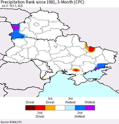 Ukraine, Moldova and Belarus Precipitation Rank 3-Month (CPC) Thematic Map For 7/6/2021 - 10/5/2021