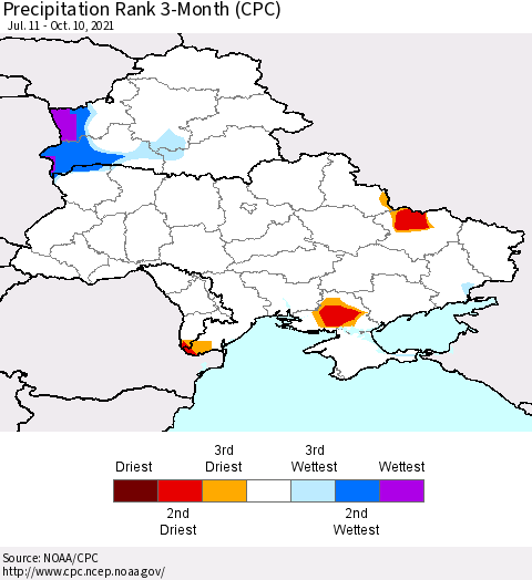 Ukraine, Moldova and Belarus Precipitation Rank 3-Month (CPC) Thematic Map For 7/11/2021 - 10/10/2021