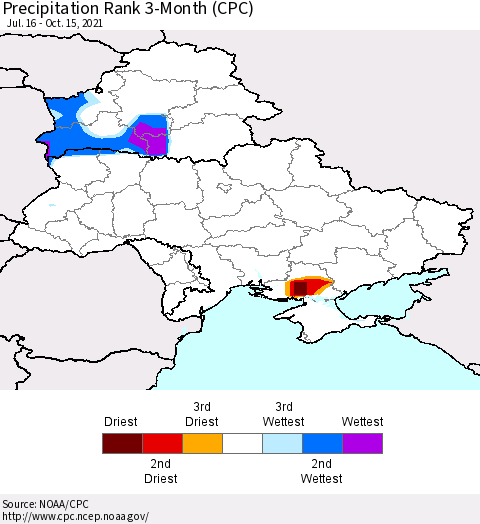 Ukraine, Moldova and Belarus Precipitation Rank 3-Month (CPC) Thematic Map For 7/16/2021 - 10/15/2021