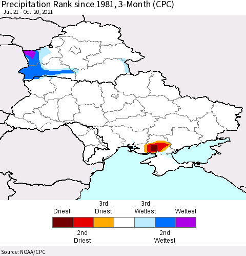 Ukraine, Moldova and Belarus Precipitation Rank since 1981, 3-Month (CPC) Thematic Map For 7/21/2021 - 10/20/2021