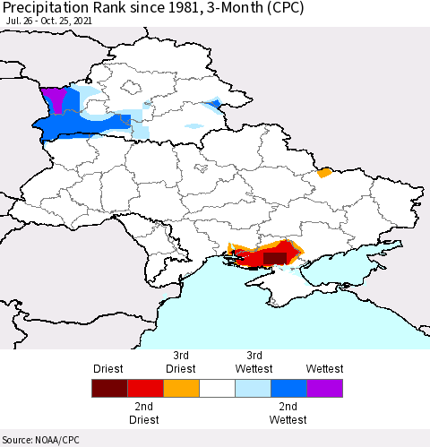 Ukraine, Moldova and Belarus Precipitation Rank 3-Month (CPC) Thematic Map For 7/26/2021 - 10/25/2021