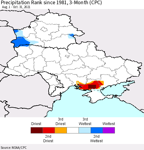 Ukraine, Moldova and Belarus Precipitation Rank 3-Month (CPC) Thematic Map For 8/1/2021 - 10/31/2021
