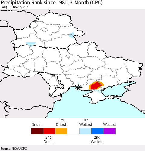 Ukraine, Moldova and Belarus Precipitation Rank 3-Month (CPC) Thematic Map For 8/6/2021 - 11/5/2021