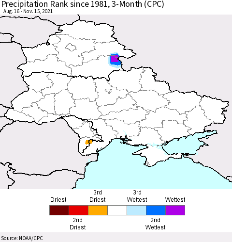 Ukraine, Moldova and Belarus Precipitation Rank since 1981, 3-Month (CPC) Thematic Map For 8/16/2021 - 11/15/2021