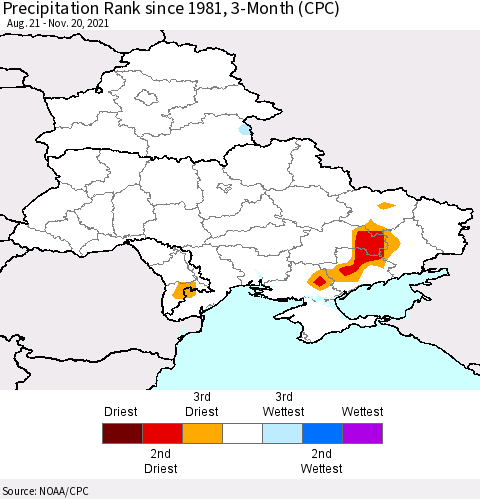 Ukraine, Moldova and Belarus Precipitation Rank since 1981, 3-Month (CPC) Thematic Map For 8/21/2021 - 11/20/2021
