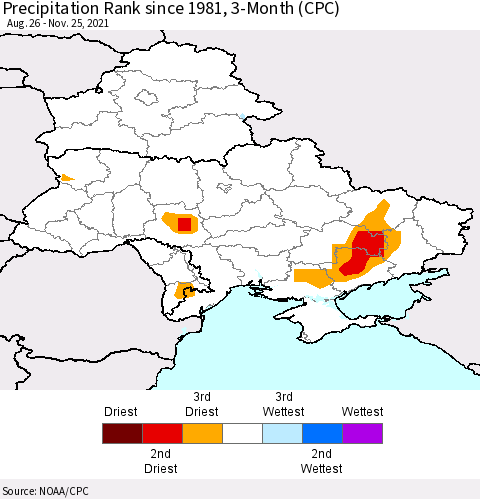 Ukraine, Moldova and Belarus Precipitation Rank since 1981, 3-Month (CPC) Thematic Map For 8/26/2021 - 11/25/2021