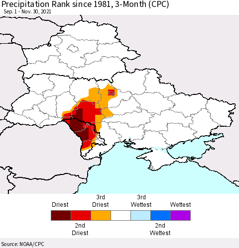 Ukraine, Moldova and Belarus Precipitation Rank since 1981, 3-Month (CPC) Thematic Map For 9/1/2021 - 11/30/2021
