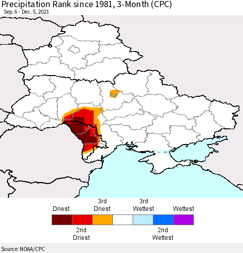 Ukraine, Moldova and Belarus Precipitation Rank since 1981, 3-Month (CPC) Thematic Map For 9/6/2021 - 12/5/2021