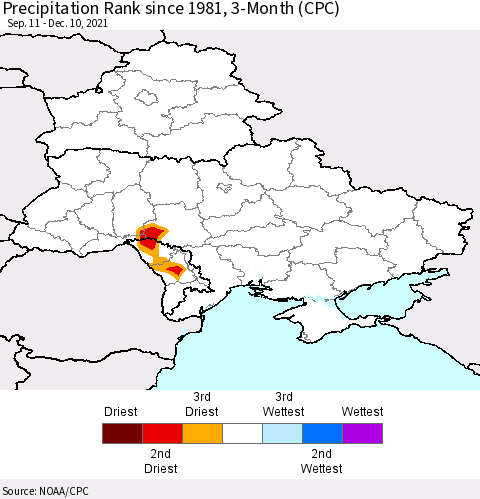 Ukraine, Moldova and Belarus Precipitation Rank since 1981, 3-Month (CPC) Thematic Map For 9/11/2021 - 12/10/2021