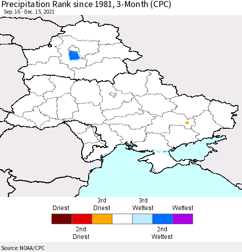 Ukraine, Moldova and Belarus Precipitation Rank 3-Month (CPC) Thematic Map For 9/16/2021 - 12/15/2021