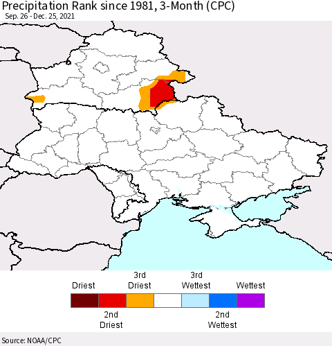Ukraine, Moldova and Belarus Precipitation Rank since 1981, 3-Month (CPC) Thematic Map For 9/26/2021 - 12/25/2021