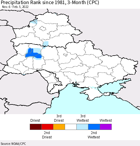Ukraine, Moldova and Belarus Precipitation Rank since 1981, 3-Month (CPC) Thematic Map For 11/6/2021 - 2/5/2022