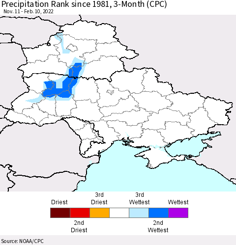 Ukraine, Moldova and Belarus Precipitation Rank since 1981, 3-Month (CPC) Thematic Map For 11/11/2021 - 2/10/2022