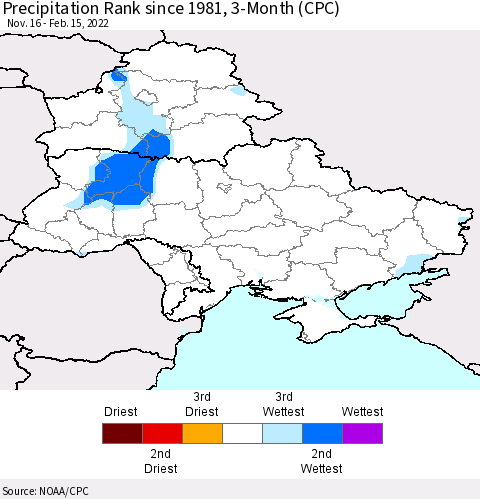 Ukraine, Moldova and Belarus Precipitation Rank since 1981, 3-Month (CPC) Thematic Map For 11/16/2021 - 2/15/2022