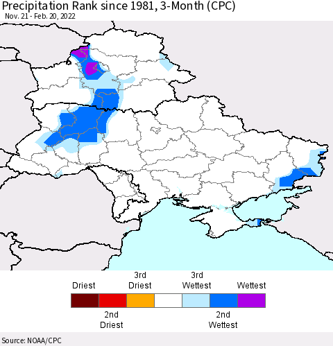 Ukraine, Moldova and Belarus Precipitation Rank since 1981, 3-Month (CPC) Thematic Map For 11/21/2021 - 2/20/2022