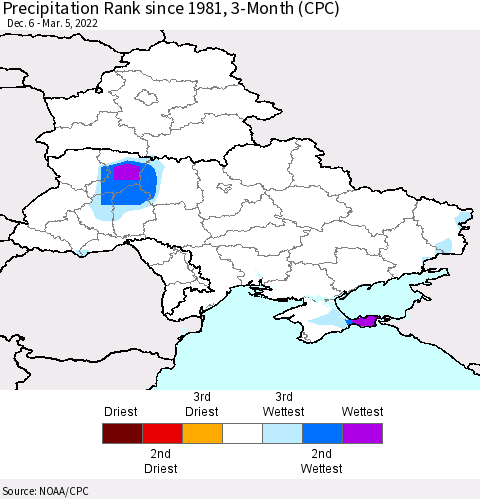 Ukraine, Moldova and Belarus Precipitation Rank since 1981, 3-Month (CPC) Thematic Map For 12/6/2021 - 3/5/2022