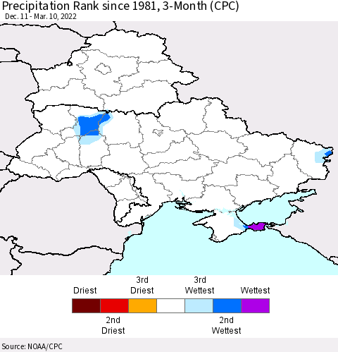 Ukraine, Moldova and Belarus Precipitation Rank since 1981, 3-Month (CPC) Thematic Map For 12/11/2021 - 3/10/2022