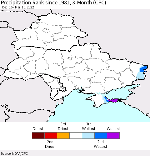 Ukraine, Moldova and Belarus Precipitation Rank since 1981, 3-Month (CPC) Thematic Map For 12/16/2021 - 3/15/2022
