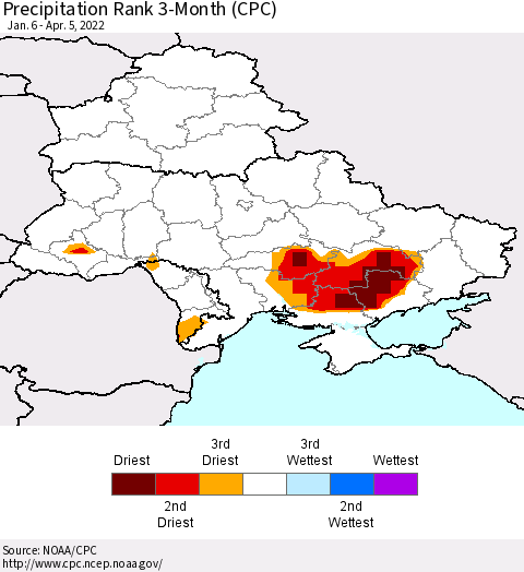 Ukraine, Moldova and Belarus Precipitation Rank since 1981, 3-Month (CPC) Thematic Map For 1/6/2022 - 4/5/2022