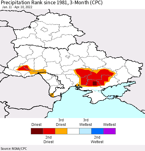 Ukraine, Moldova and Belarus Precipitation Rank 3-Month (CPC) Thematic Map For 1/11/2022 - 4/10/2022