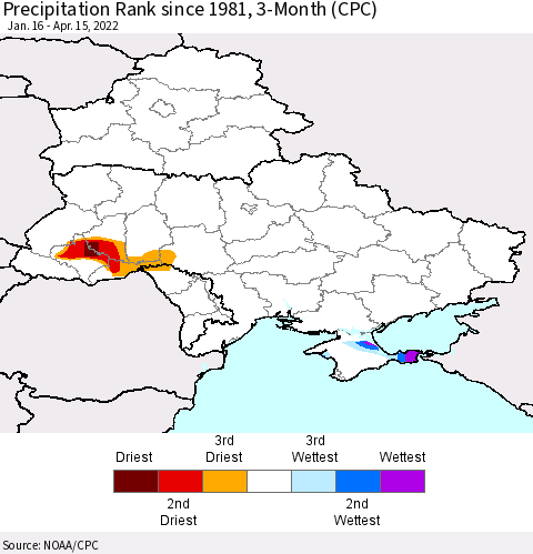 Ukraine, Moldova and Belarus Precipitation Rank 3-Month (CPC) Thematic Map For 1/16/2022 - 4/15/2022