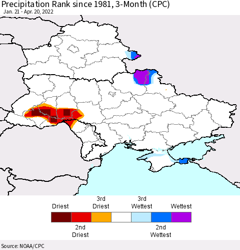 Ukraine, Moldova and Belarus Precipitation Rank since 1981, 3-Month (CPC) Thematic Map For 1/21/2022 - 4/20/2022