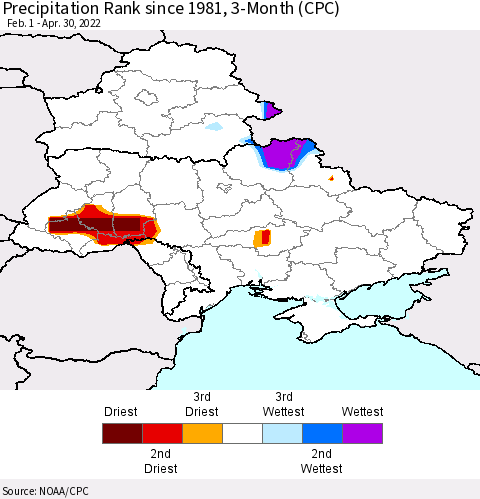Ukraine, Moldova and Belarus Precipitation Rank 3-Month (CPC) Thematic Map For 2/1/2022 - 4/30/2022