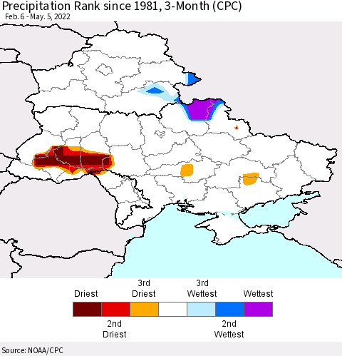 Ukraine, Moldova and Belarus Precipitation Rank since 1981, 3-Month (CPC) Thematic Map For 2/6/2022 - 5/5/2022
