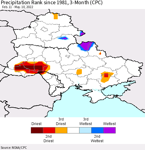Ukraine, Moldova and Belarus Precipitation Rank 3-Month (CPC) Thematic Map For 2/11/2022 - 5/10/2022