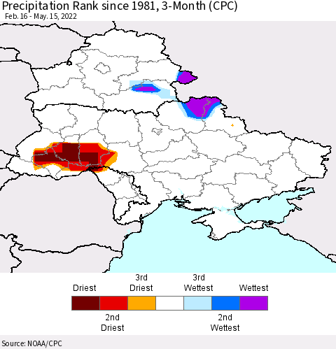 Ukraine, Moldova and Belarus Precipitation Rank since 1981, 3-Month (CPC) Thematic Map For 2/16/2022 - 5/15/2022