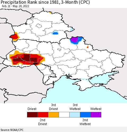 Ukraine, Moldova and Belarus Precipitation Rank since 1981, 3-Month (CPC) Thematic Map For 2/21/2022 - 5/20/2022