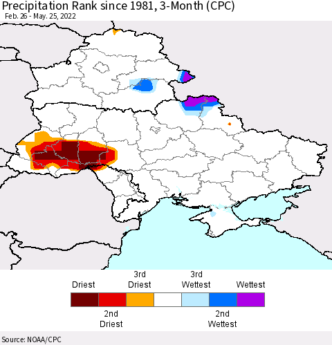 Ukraine, Moldova and Belarus Precipitation Rank since 1981, 3-Month (CPC) Thematic Map For 2/26/2022 - 5/25/2022