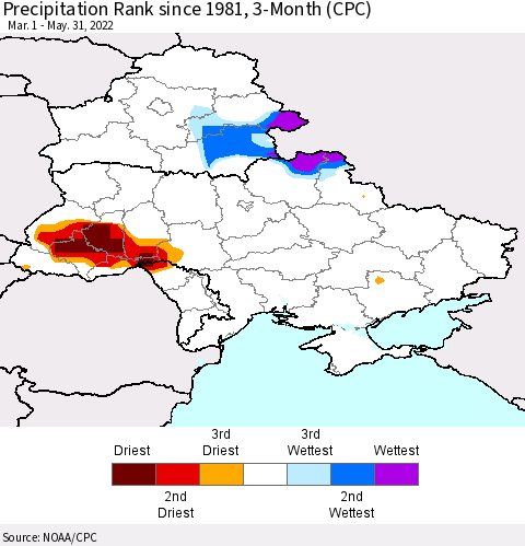 Ukraine, Moldova and Belarus Precipitation Rank since 1981, 3-Month (CPC) Thematic Map For 3/1/2022 - 5/31/2022