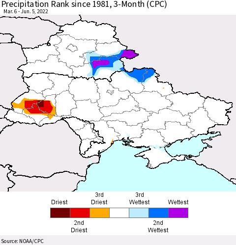 Ukraine, Moldova and Belarus Precipitation Rank 3-Month (CPC) Thematic Map For 3/6/2022 - 6/5/2022