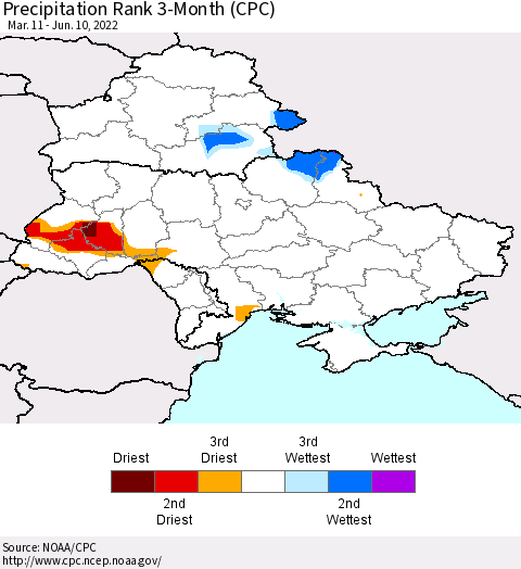 Ukraine, Moldova and Belarus Precipitation Rank since 1981, 3-Month (CPC) Thematic Map For 3/11/2022 - 6/10/2022