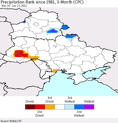 Ukraine, Moldova and Belarus Precipitation Rank since 1981, 3-Month (CPC) Thematic Map For 3/16/2022 - 6/15/2022