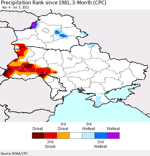 Ukraine, Moldova and Belarus Precipitation Rank 3-Month (CPC) Thematic Map For 4/6/2022 - 7/5/2022