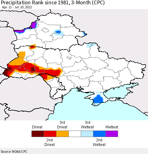 Ukraine, Moldova and Belarus Precipitation Rank since 1981, 3-Month (CPC) Thematic Map For 4/11/2022 - 7/10/2022