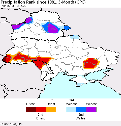 Ukraine, Moldova and Belarus Precipitation Rank 3-Month (CPC) Thematic Map For 4/16/2022 - 7/15/2022