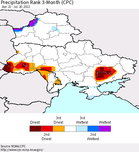 Ukraine, Moldova and Belarus Precipitation Rank 3-Month (CPC) Thematic Map For 4/21/2022 - 7/20/2022