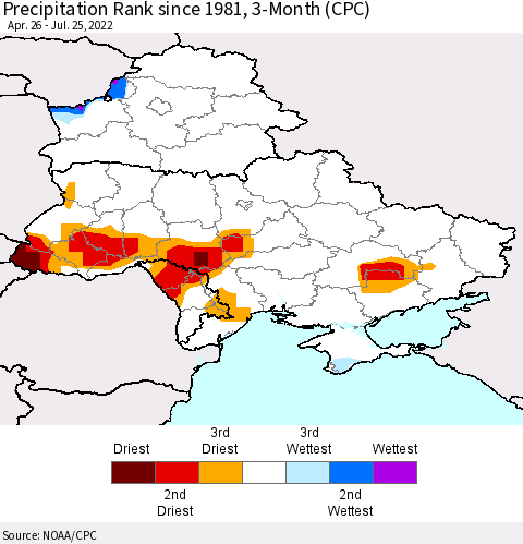 Ukraine, Moldova and Belarus Precipitation Rank 3-Month (CPC) Thematic Map For 4/26/2022 - 7/25/2022