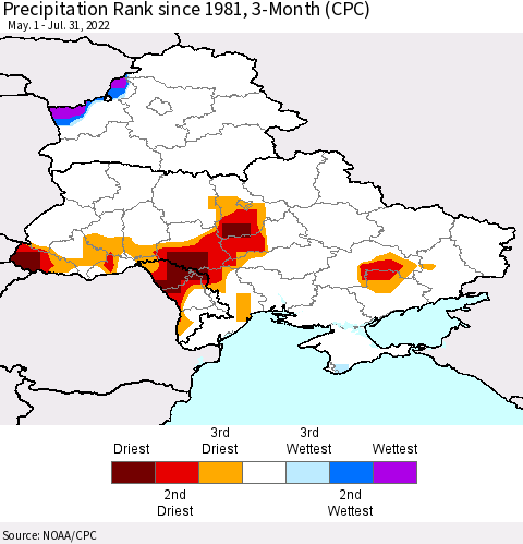 Ukraine, Moldova and Belarus Precipitation Rank since 1981, 3-Month (CPC) Thematic Map For 5/1/2022 - 7/31/2022