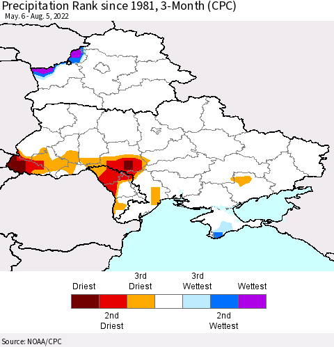 Ukraine, Moldova and Belarus Precipitation Rank since 1981, 3-Month (CPC) Thematic Map For 5/6/2022 - 8/5/2022
