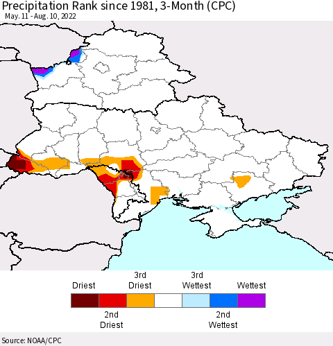 Ukraine, Moldova and Belarus Precipitation Rank since 1981, 3-Month (CPC) Thematic Map For 5/11/2022 - 8/10/2022