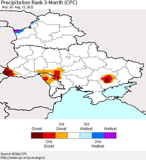 Ukraine, Moldova and Belarus Precipitation Rank since 1981, 3-Month (CPC) Thematic Map For 5/16/2022 - 8/15/2022