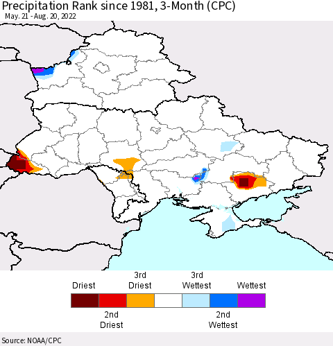 Ukraine, Moldova and Belarus Precipitation Rank 3-Month (CPC) Thematic Map For 5/21/2022 - 8/20/2022