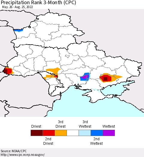 Ukraine, Moldova and Belarus Precipitation Rank since 1981, 3-Month (CPC) Thematic Map For 5/26/2022 - 8/25/2022