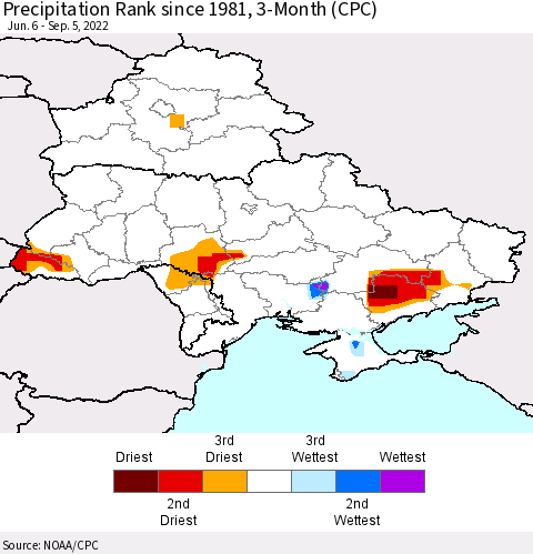Ukraine, Moldova and Belarus Precipitation Rank since 1981, 3-Month (CPC) Thematic Map For 6/6/2022 - 9/5/2022